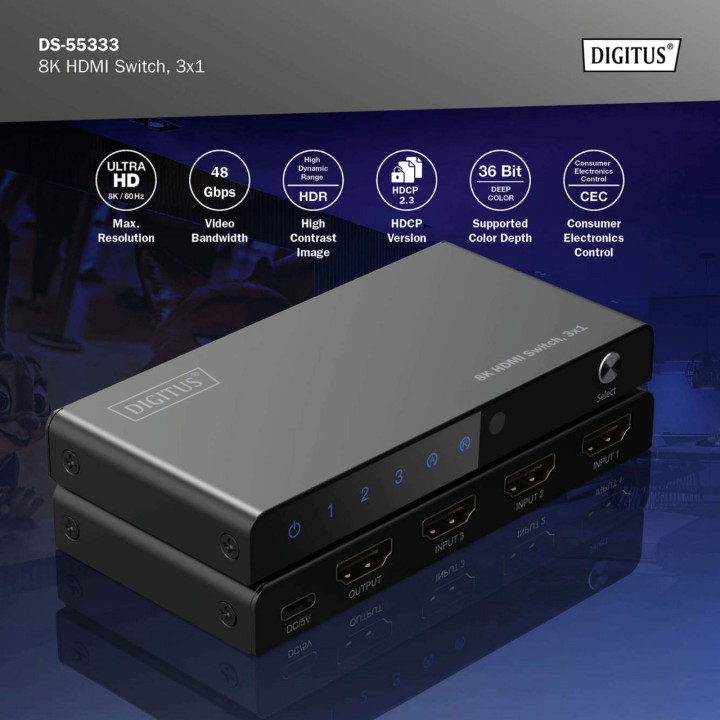 DIGITUS Switch HDMI a 3 ingressi e 1 uscita con telecomando