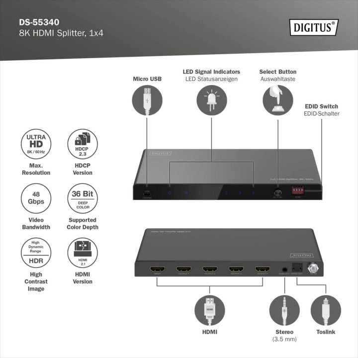 DIGITUS Divisor HDMI de 1 entrada a 4 salidas con salida