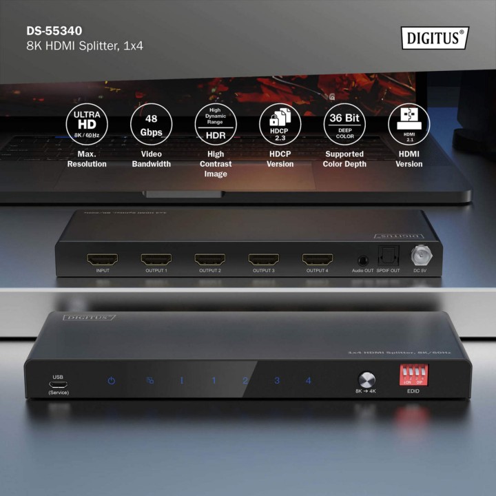 DIGITUS HDMI-Splitter mit 1 Eingang und 4 Ausgängen sowie