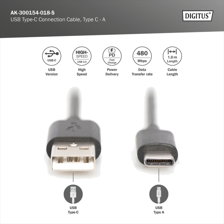 DIGITUS Cable de datos y carga tipo A C USB-2.0 1,8M