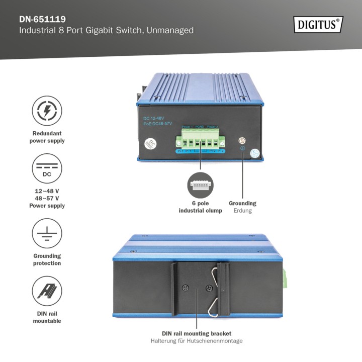 DIGITUS Switch réseau industriel 8 ports pour rail DIN