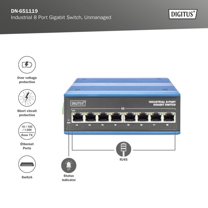 DIGITUS 8-port industrial network switch for DIN rail