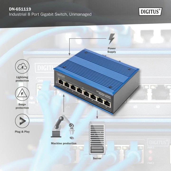 DIGITUS Switch de red industrial 8 puertos para carril