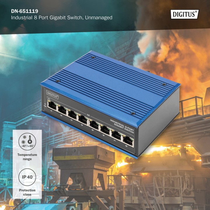 DIGITUS Switch di rete industriale a 8 porte per guida DIN