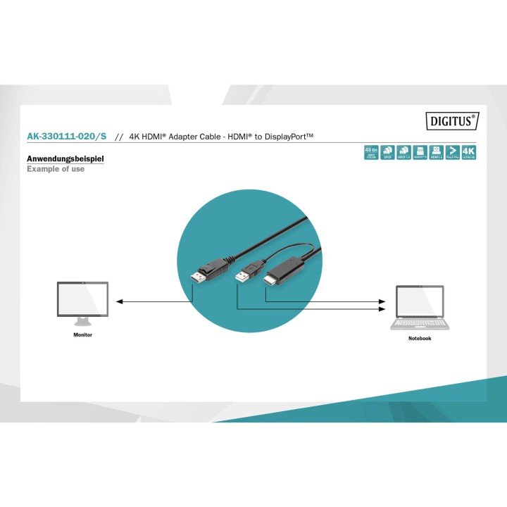 DIGITUS HDMI to DisplayPort adapter cable with USB power UHD