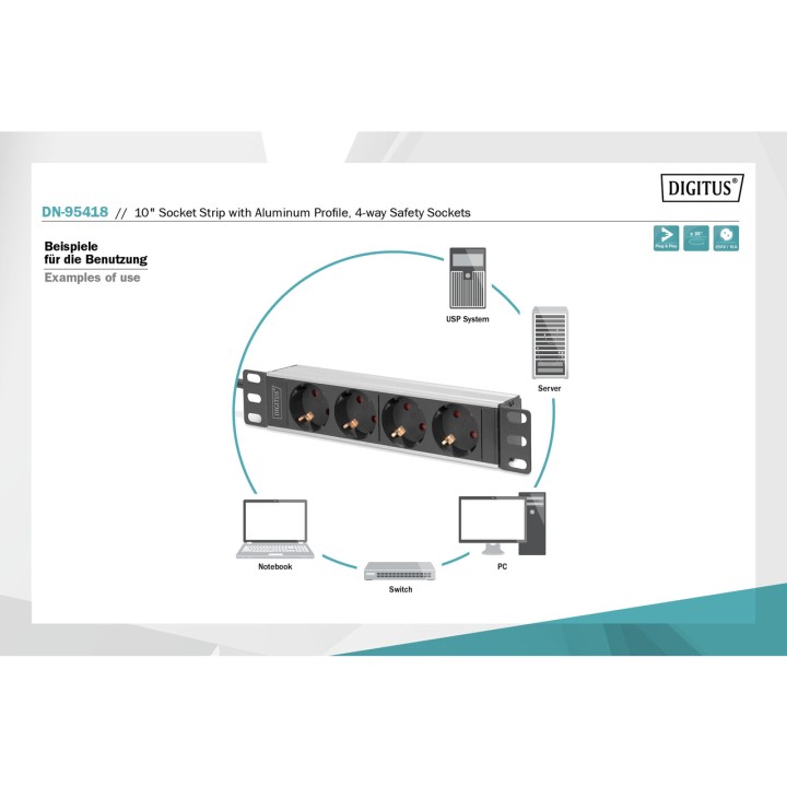 DIGITUS Multipresa PDU per armadio rack 10" 1U