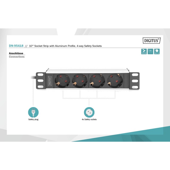 DIGITUS Regleta PDU para armario rack 10" 1U 4-TOMAS-SCHUKO