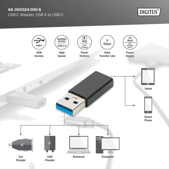 DIGITUS Adapter USB-A-Stecker auf USB-Typ-C-Buchse 3.0