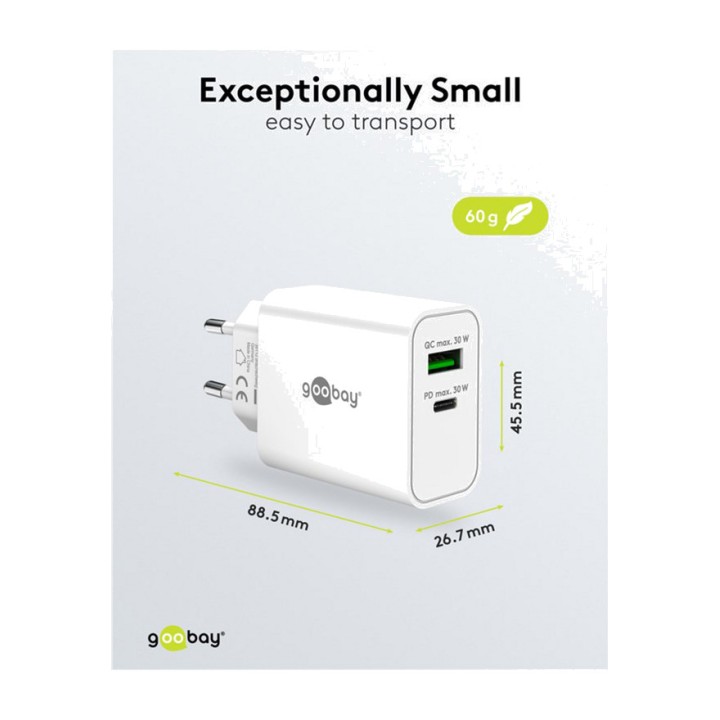 GOOBAY Cargador rápido de pared 2 puertos USB-C/USB-A PD