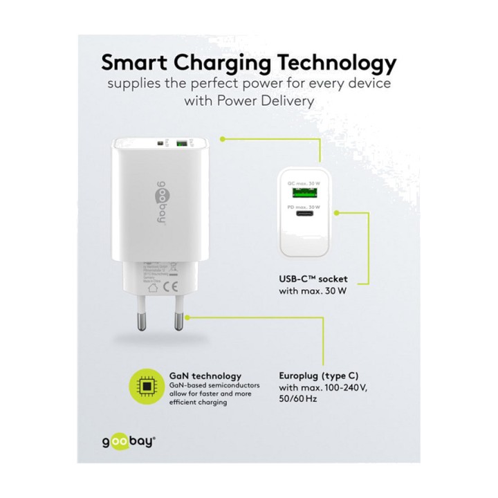 GOOBAY 2-port fast wall charger USB-C/USB-A PD GAN 30W