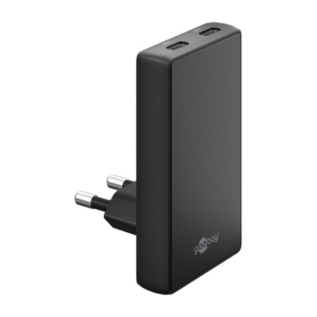 cargador rápido de pared plano de 2 puertos usb-c pd gan 65w 90°