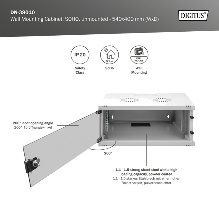 DIGITUS Armadio rack da parete assemblare con porta in vetro