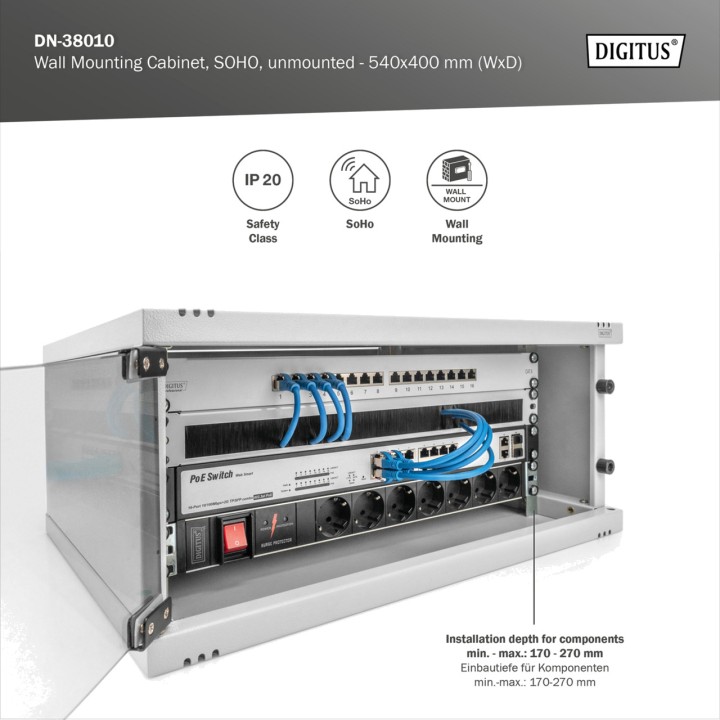 DIGITUS Armadio rack da parete assemblare con porta in vetro