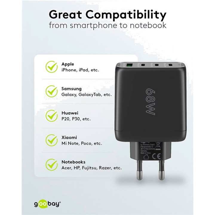 GOOBAY 4-port fast wall charger USB-C/USB-A PD GAN 68W 64819