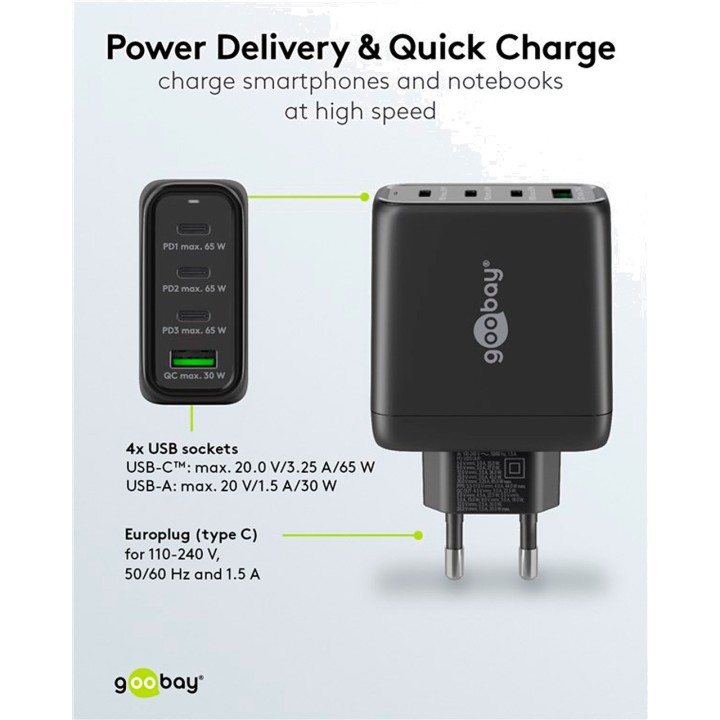 GOOBAY 4-port fast wall charger USB-C/USB-A PD GAN 68W 64819