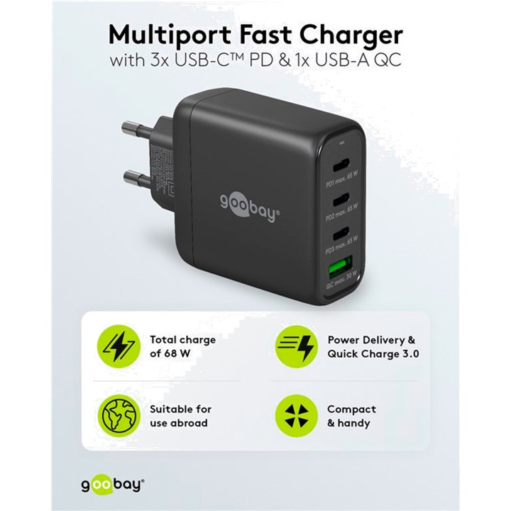 GOOBAY Cargador rápido de pared 4 puertos USB-C/USB-A PD