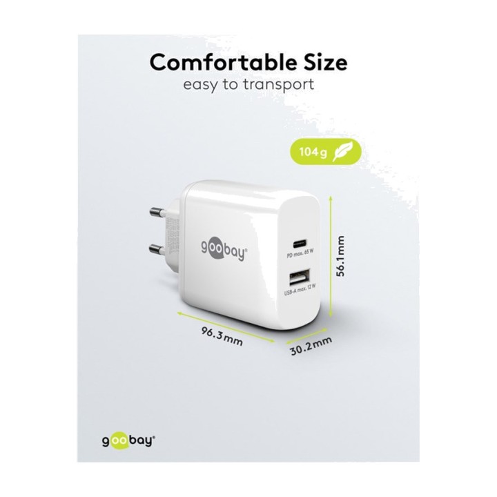 GOOBAY Cargador rápido de pared 2 puertos USB-C/USB-A PD
