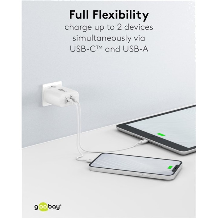 GOOBAY 2-port fast wall charger USB-C/USB-A PD GAN 65W