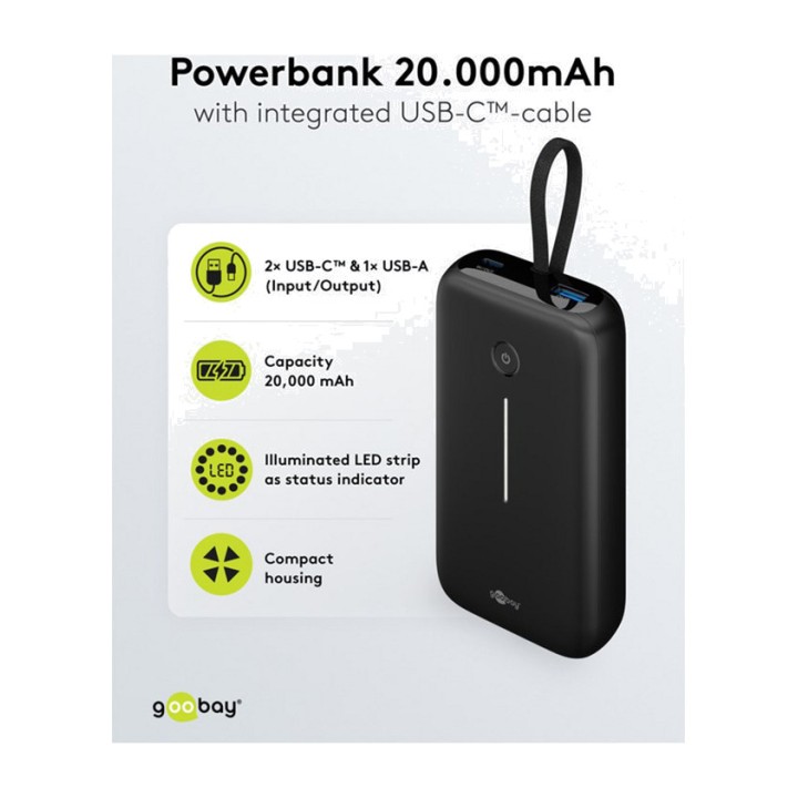 GOOBAY Batteria esterna con cavo USB-C integrato 20000MAH