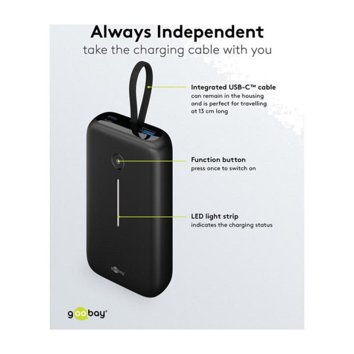 GOOBAY Batterie externe avec câble USB-C intégré 20000MAH