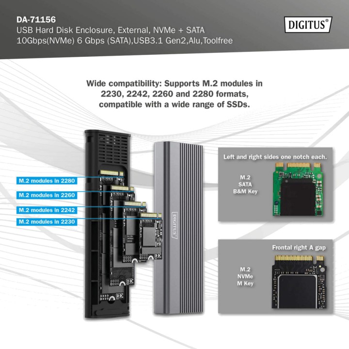 DIGITUS Externes Gehäuse für M.2-NVMe- und SATA-SSDs USB-C