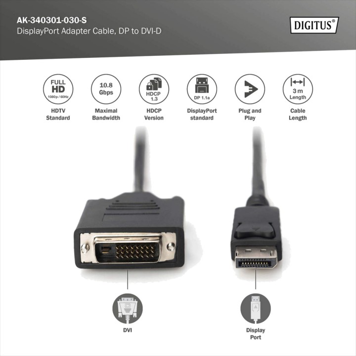 DIGITUS Câble adaptateur DisplayPort vers DVI-D 1.1A 3M