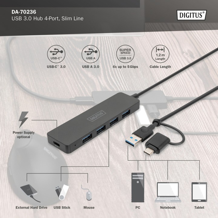 DIGITUS Hub USB delgado de 4 puertos 3.0