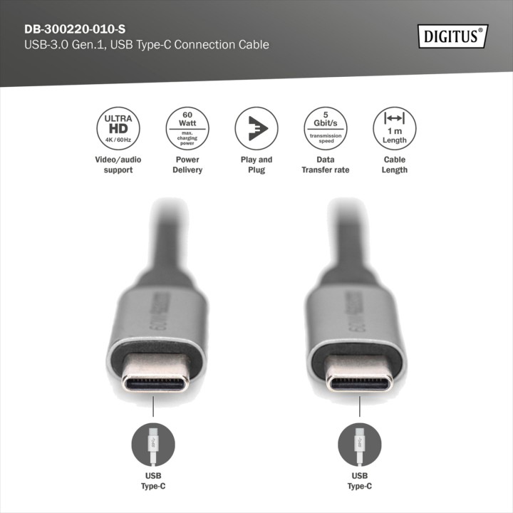 DIGITUS Type C data and charging cable with two male