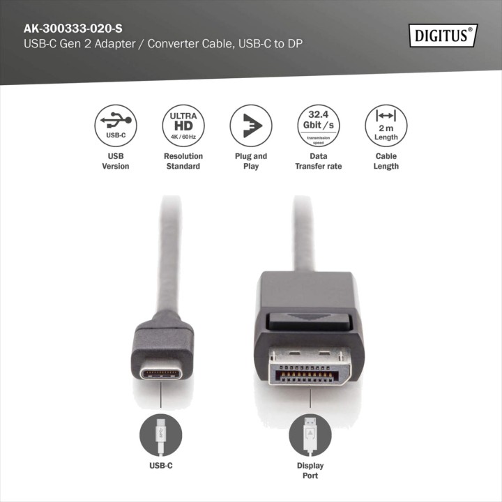 DIGITUS Cable adaptador USB-C a DisplayPort 4K 2M 100156158