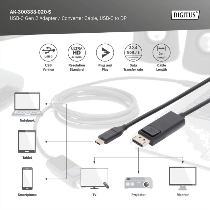 DIGITUS Câble adaptateur USB-C vers DisplayPort 4K 2M