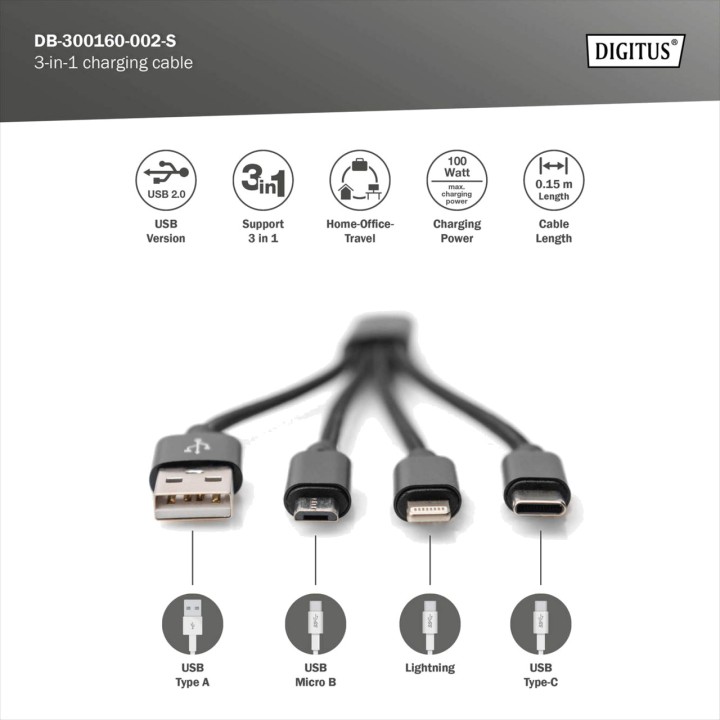 DIGITUS 3-in-1-Ladekabel USB-A auf Lightning, USB-C und