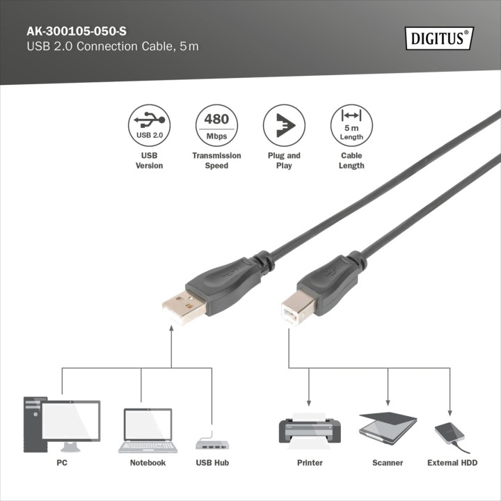 DIGITUS Type A to B printer data cable USB-2.0 28AWG