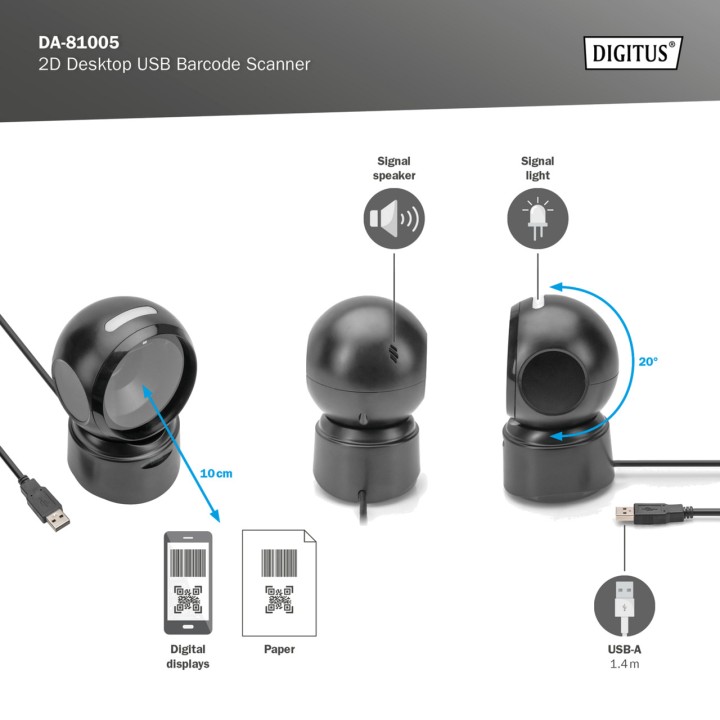 DIGITUS Escáner de sobremesa códigos barras 1D 2D-USB