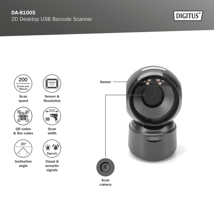 DIGITUS Scanner di codici a barre da tavolo 1D 2D-USB