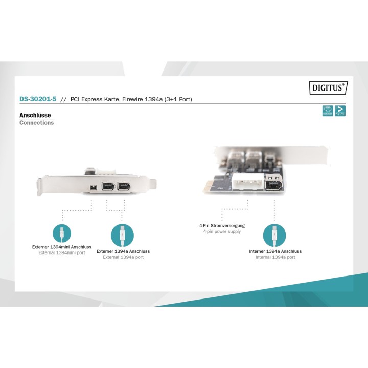 DIGITUS 4-port FireWire PCIe card X1 1394A 3+1 100115199