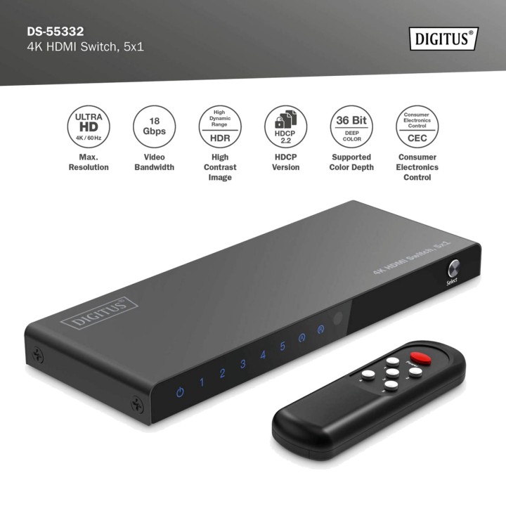 DIGITUS HDMI-Umschalter mit 5 Eingängen und Fernbedienung 4K