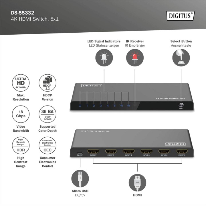 DIGITUS 5-input HDMI switch with remote control 4K 5X1
