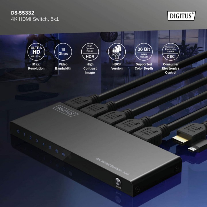 DIGITUS Switch HDMI a 5 ingressi con telecomando 4K 5X1