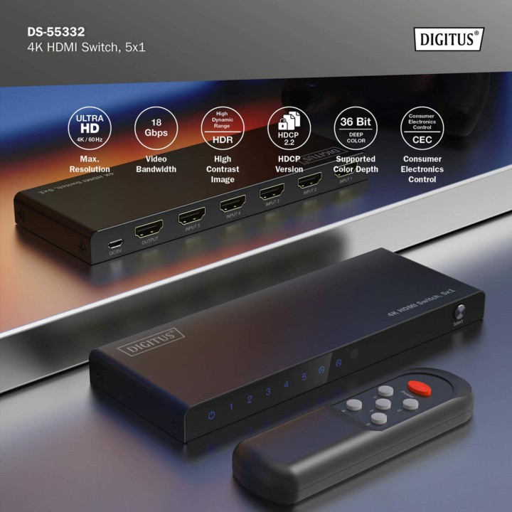 DIGITUS Switch HDMI a 5 ingressi con telecomando 4K 5X1