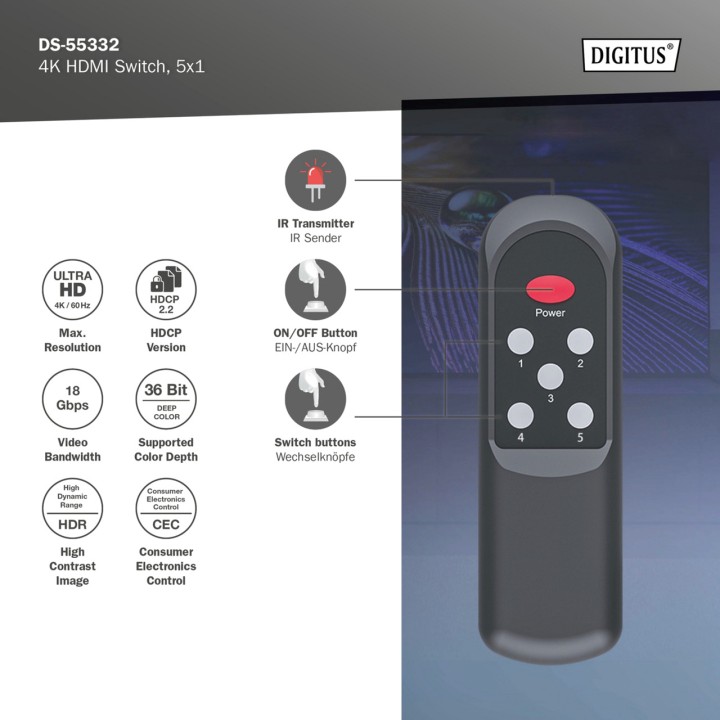 DIGITUS Commutateur HDMI à 5 entrées avec télécommande 4K