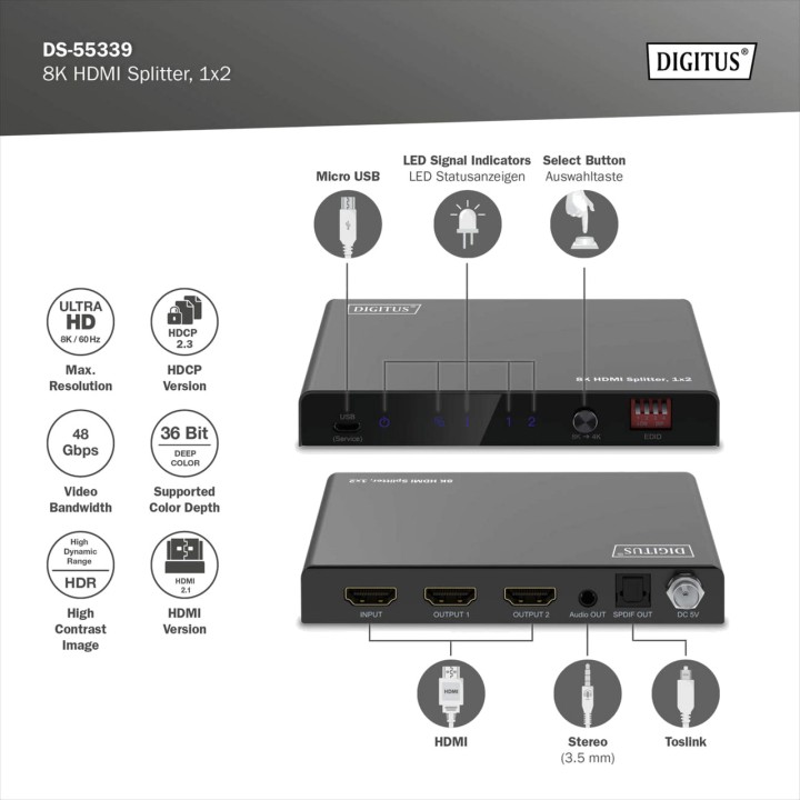 DIGITUS HDMI-Splitter mit 1 Eingang und 2 Ausgängen sowie