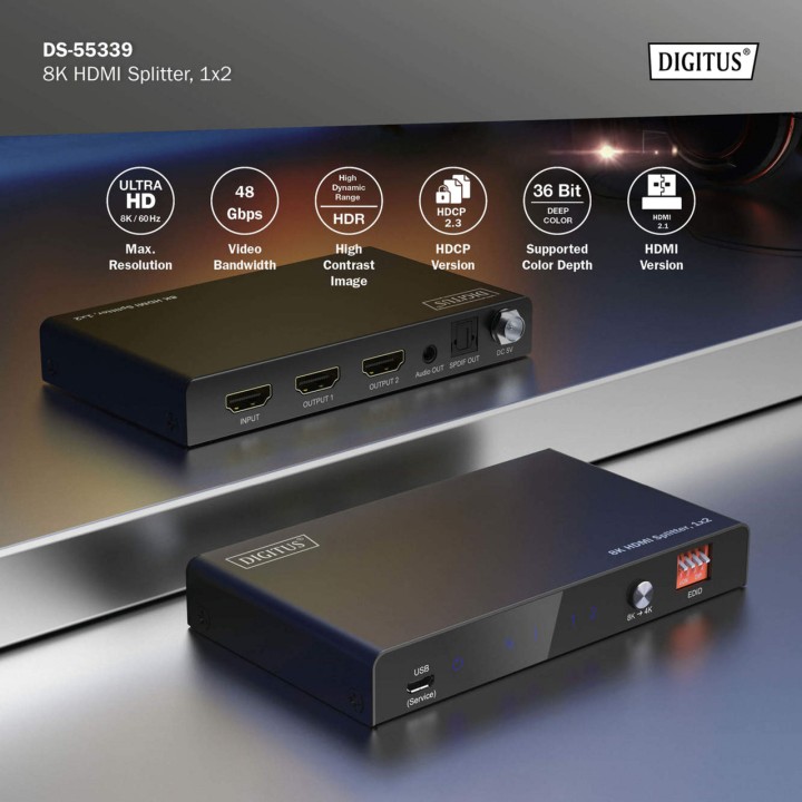 DIGITUS Répartiteur HDMI 1 entrée vers 2 sorties avec sortie