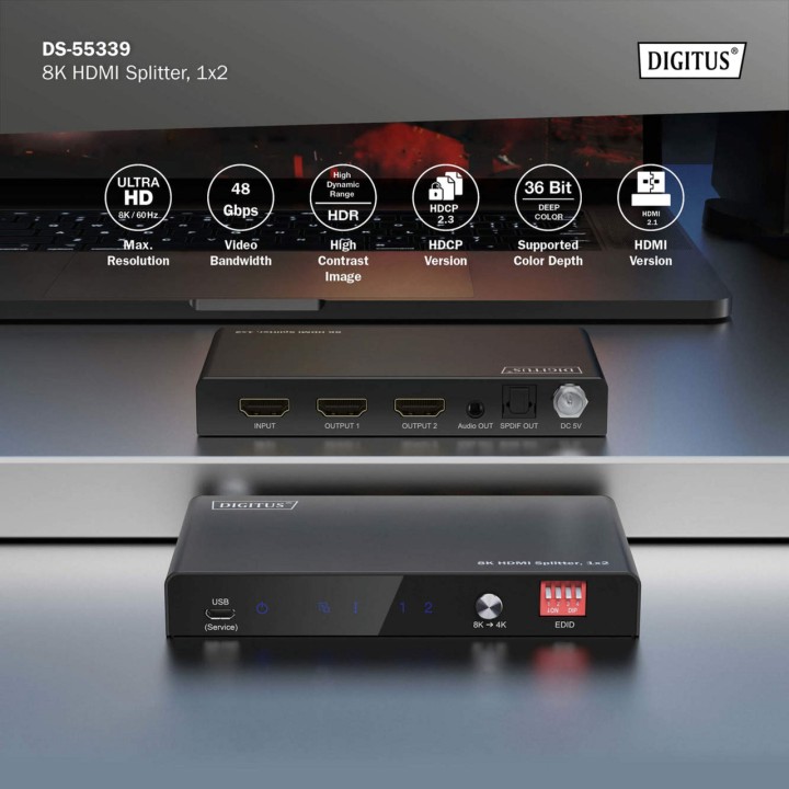 DIGITUS HDMI-Splitter mit 1 Eingang und 2 Ausgängen sowie