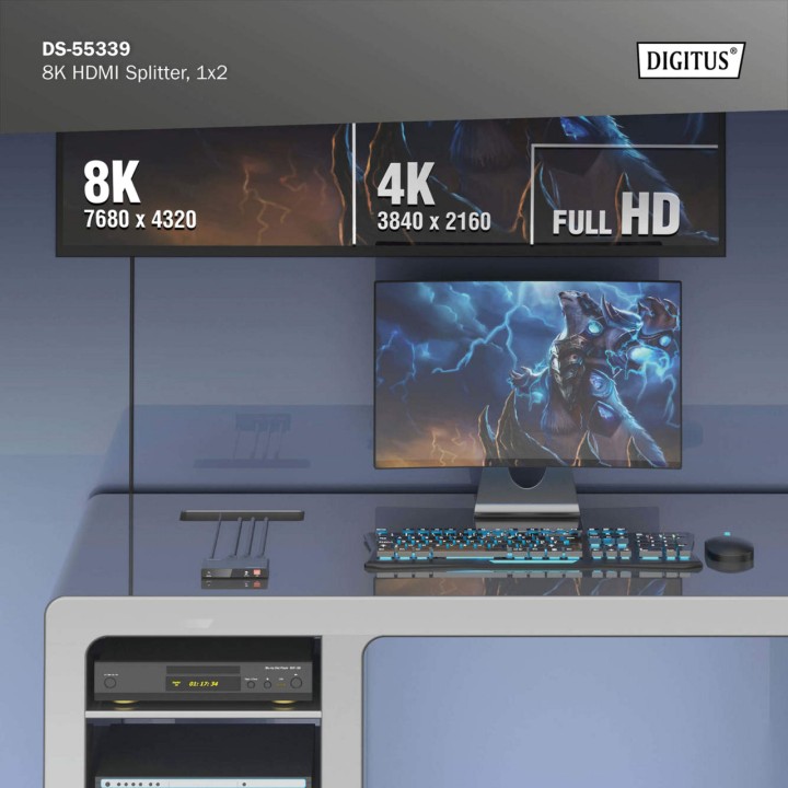 DIGITUS HDMI-Splitter mit 1 Eingang und 2 Ausgängen sowie