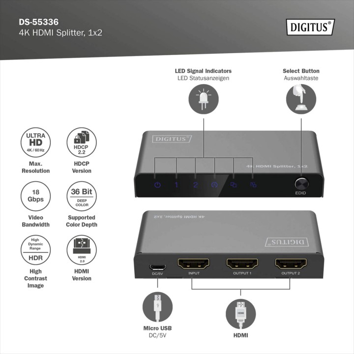 DIGITUS Splitter HDMI da 1 ingresso a 2 uscite 2.0 4K