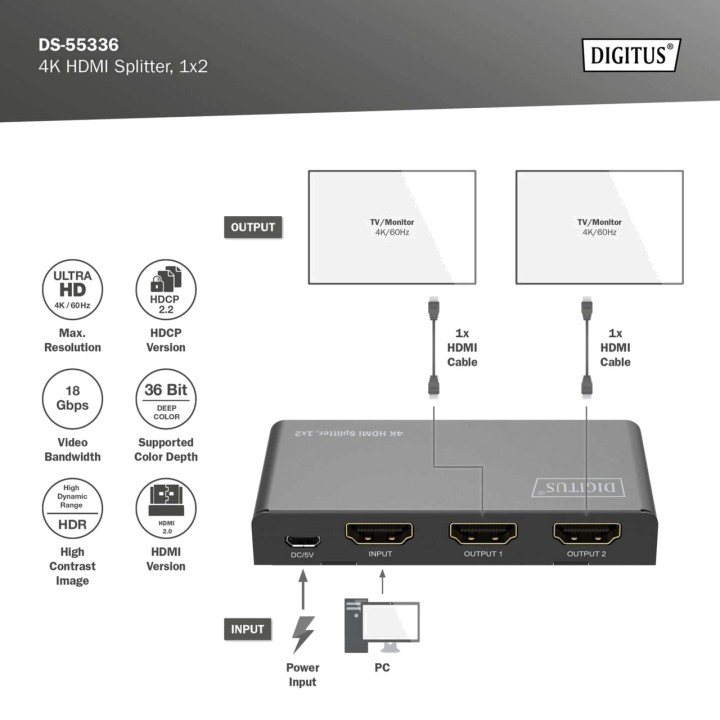 DIGITUS Divisor HDMI de 1 entrada a 2 salidas 2.0 4K