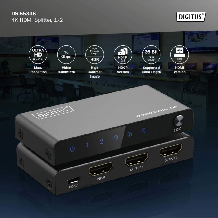 DIGITUS Répartiteur HDMI 1 entrée vers 2 sorties 2.0 4K