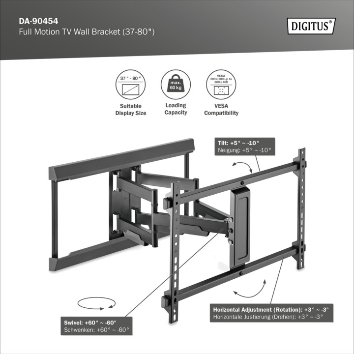 DIGITUS Support mural articulé pour téléviseur 37-80" 60KG