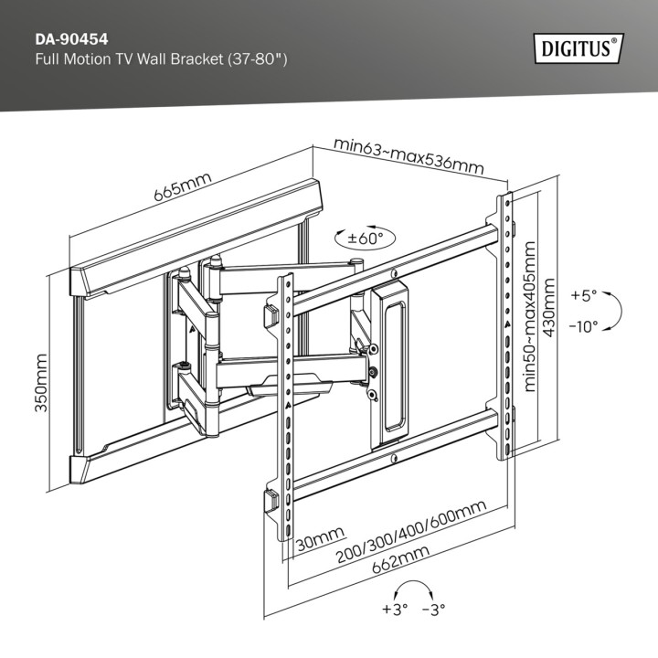 DIGITUS Support mural articulé pour téléviseur 37-80" 60KG