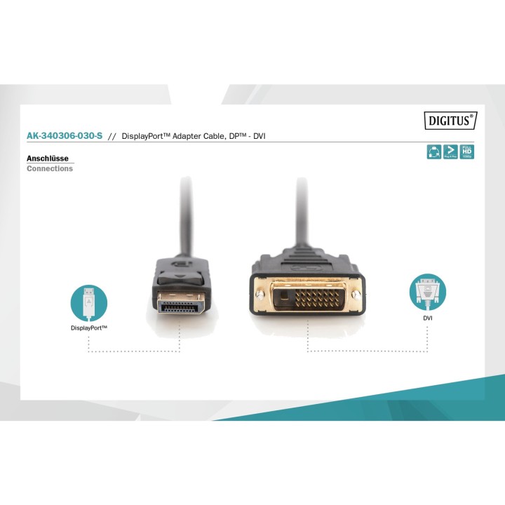 DIGITUS DisplayPort to DVI-D adapter cable with locking